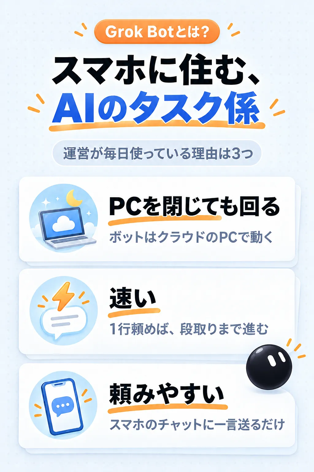Grok Botとは？ スマホに住む、AIのタスク係 運営が毎日使っている理由は3つ 1 PCを閉じても回る（ボットはクラウドのPCで動く）2 速い（1行頼めば、段取りまで進む）3 頼みやすい（スマホのチャットに一言送るだけ）