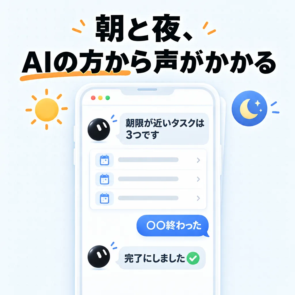 朝と夜、AIの方から声がかかる 期限が近いタスクは3つです／〇〇終わった／完了にしました
